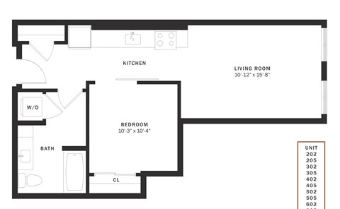 Floor plan for 1 bed, 1 bath, 590 sqft
